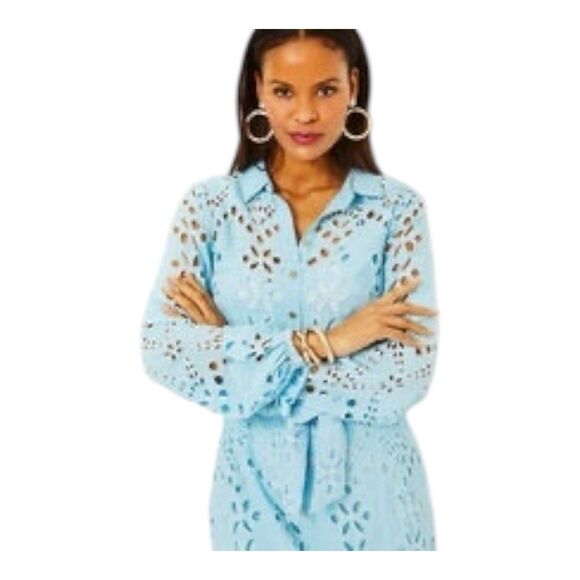 Lilly Pulitzer Zia Long Sleeve Eyelet Midi Shirtdress Hydra Blue Soiree Size 2 - Picture 1 of 6